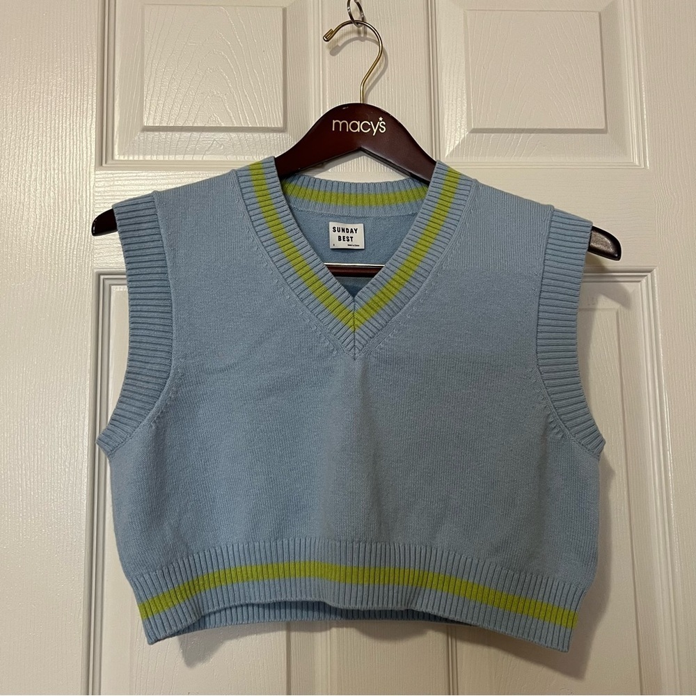 Aritzia Sunday Best Merino Wool Cotton Blue Green Knit Cropped Sweater Vest Sz S - Picture 3 of 13